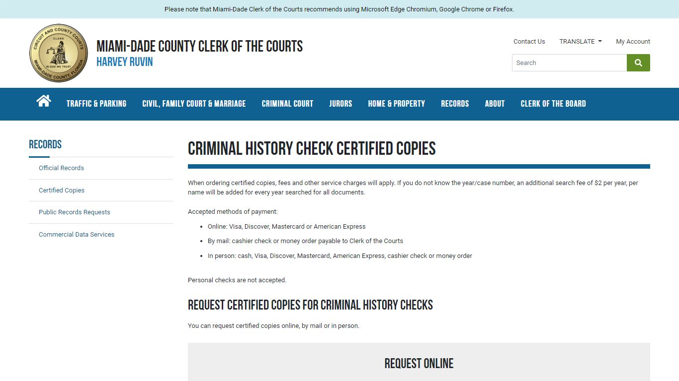 Criminal History Certified Copies - Miami-Dade Clerk